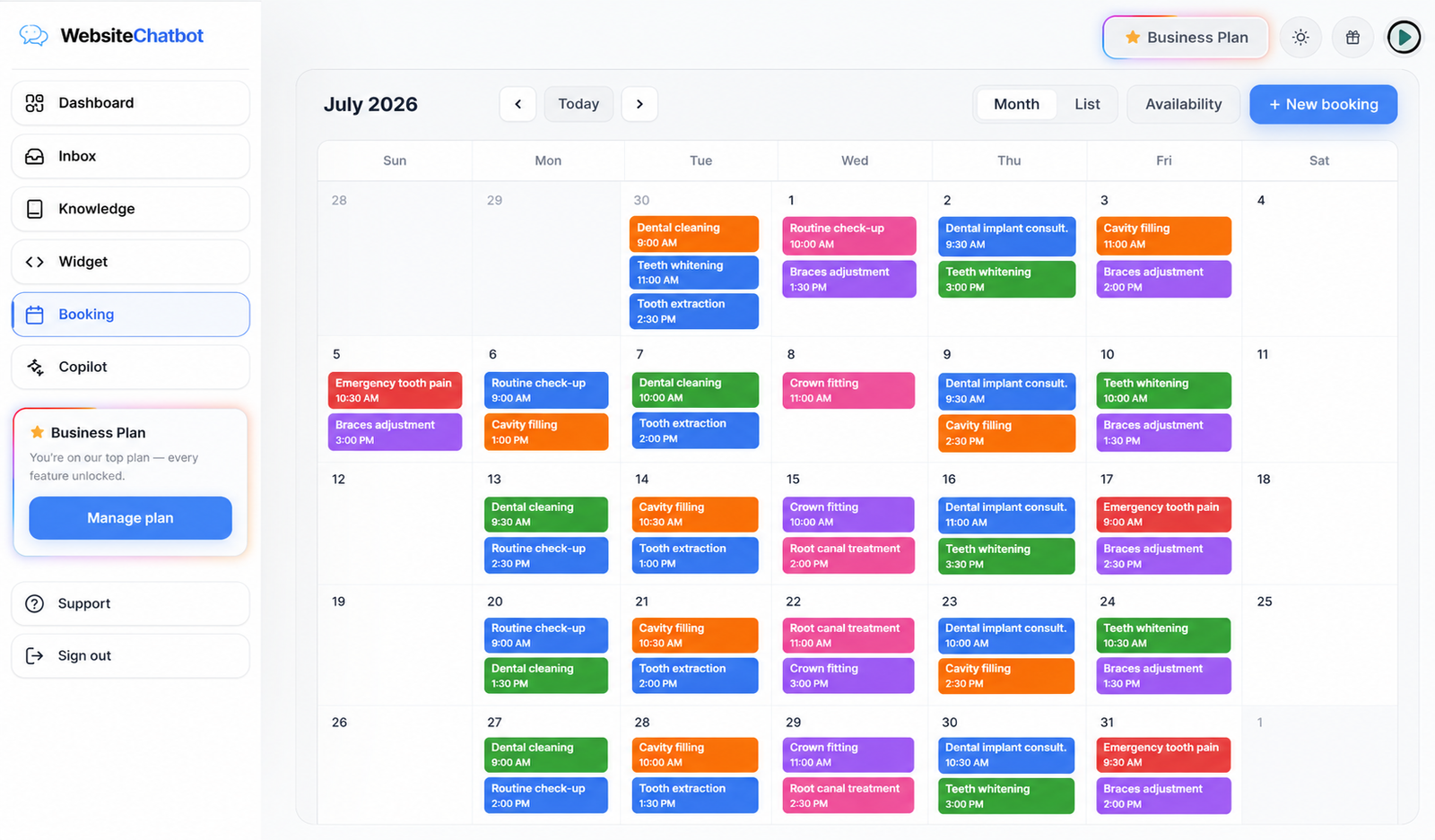 WebsiteChatbot Booking calendar