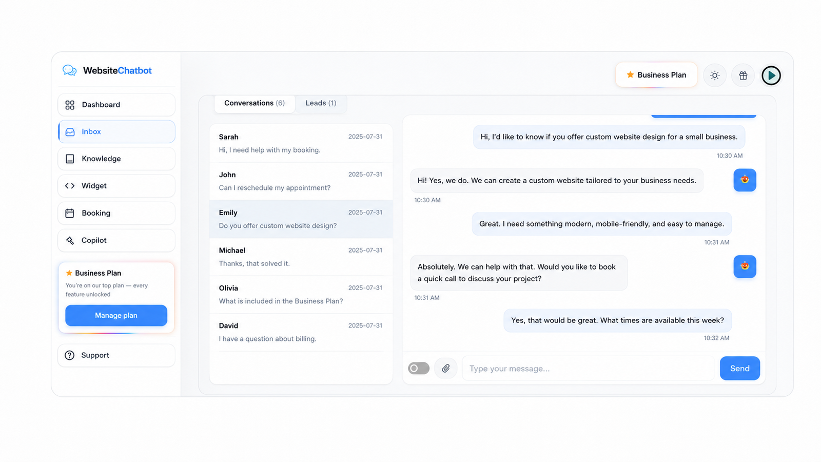 WebsiteChatbot Inbox — conversations and leads