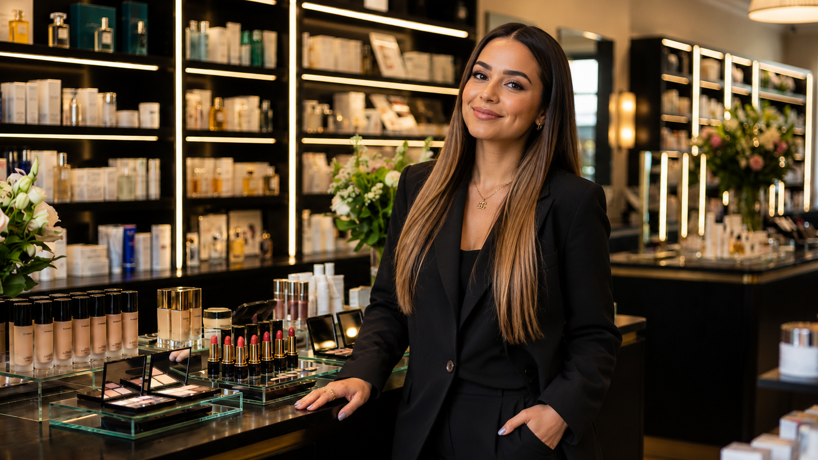 A makeup artist working while her website chatbot answers customer questions automatically.